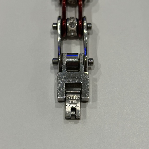 Silver and Gloss Brick Red Color Stainless Steel Bike Chain Bracelet with Stones - Picture 6 of 6